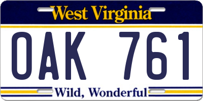 WV license plate OAK761