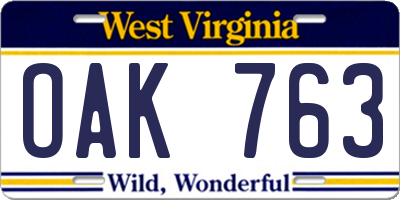 WV license plate OAK763