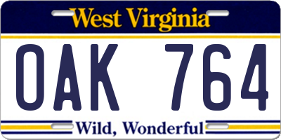 WV license plate OAK764