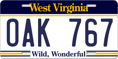 WV license plate OAK767