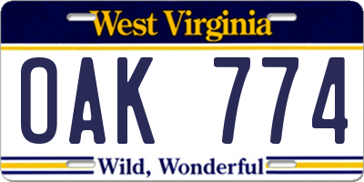WV license plate OAK774