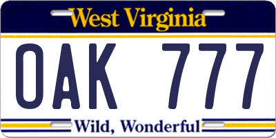 WV license plate OAK777