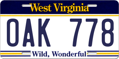 WV license plate OAK778