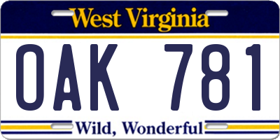 WV license plate OAK781