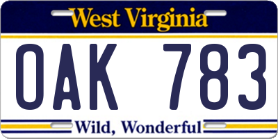 WV license plate OAK783