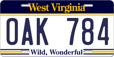 WV license plate OAK784