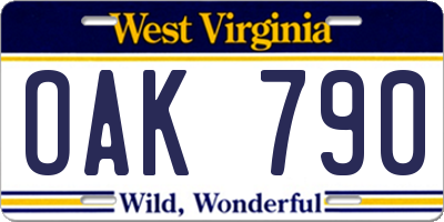 WV license plate OAK790
