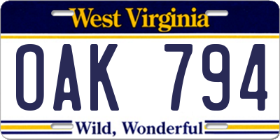 WV license plate OAK794