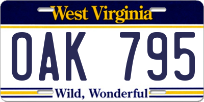 WV license plate OAK795