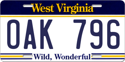 WV license plate OAK796