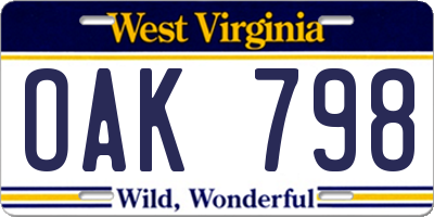 WV license plate OAK798