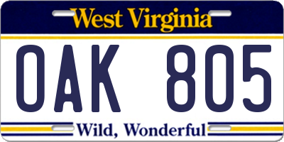 WV license plate OAK805