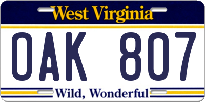 WV license plate OAK807