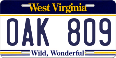 WV license plate OAK809