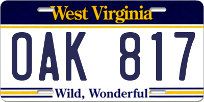 WV license plate OAK817