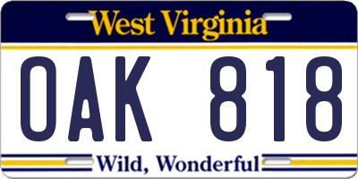 WV license plate OAK818