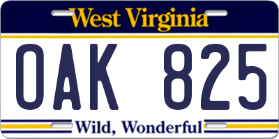 WV license plate OAK825