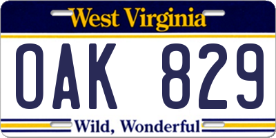 WV license plate OAK829
