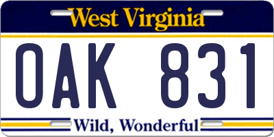WV license plate OAK831