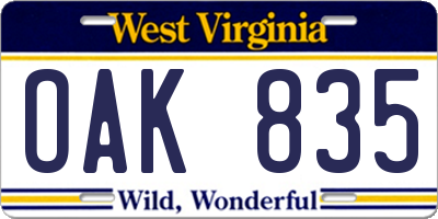 WV license plate OAK835