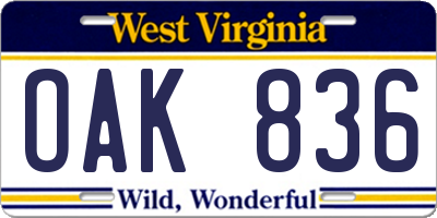 WV license plate OAK836