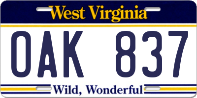 WV license plate OAK837