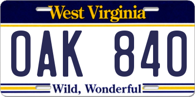 WV license plate OAK840