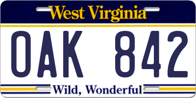 WV license plate OAK842