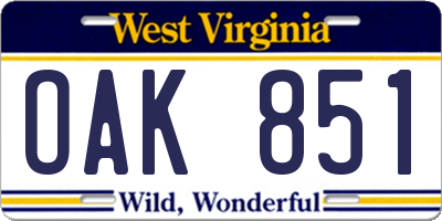 WV license plate OAK851