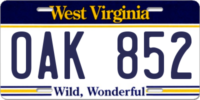 WV license plate OAK852