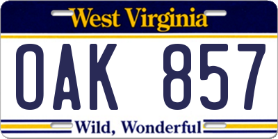 WV license plate OAK857