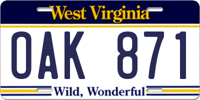 WV license plate OAK871