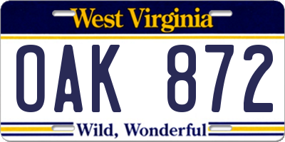 WV license plate OAK872