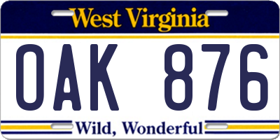 WV license plate OAK876