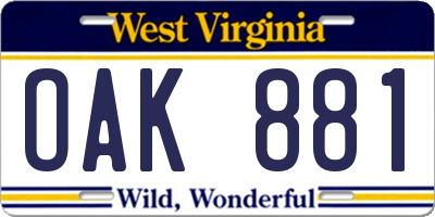 WV license plate OAK881