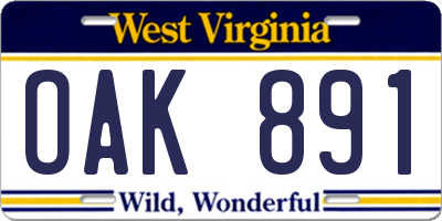 WV license plate OAK891