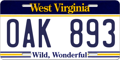 WV license plate OAK893