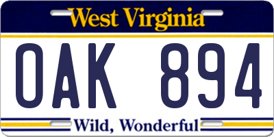 WV license plate OAK894