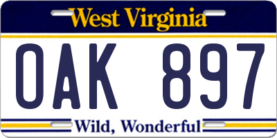 WV license plate OAK897