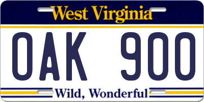 WV license plate OAK900