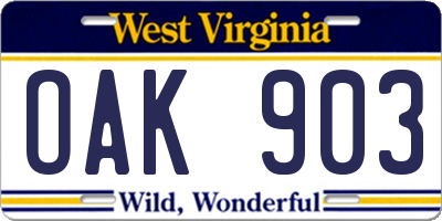 WV license plate OAK903