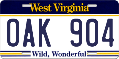 WV license plate OAK904