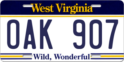 WV license plate OAK907