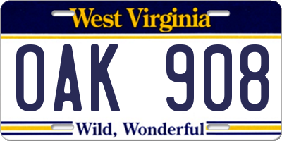 WV license plate OAK908