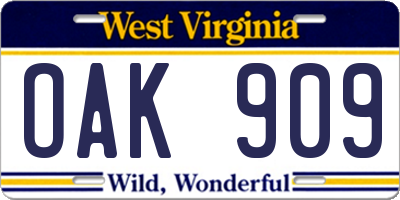 WV license plate OAK909