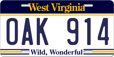 WV license plate OAK914
