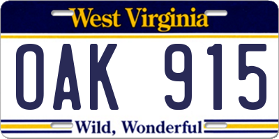 WV license plate OAK915
