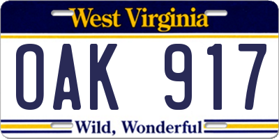 WV license plate OAK917