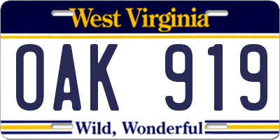 WV license plate OAK919