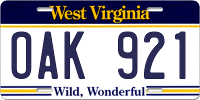WV license plate OAK921